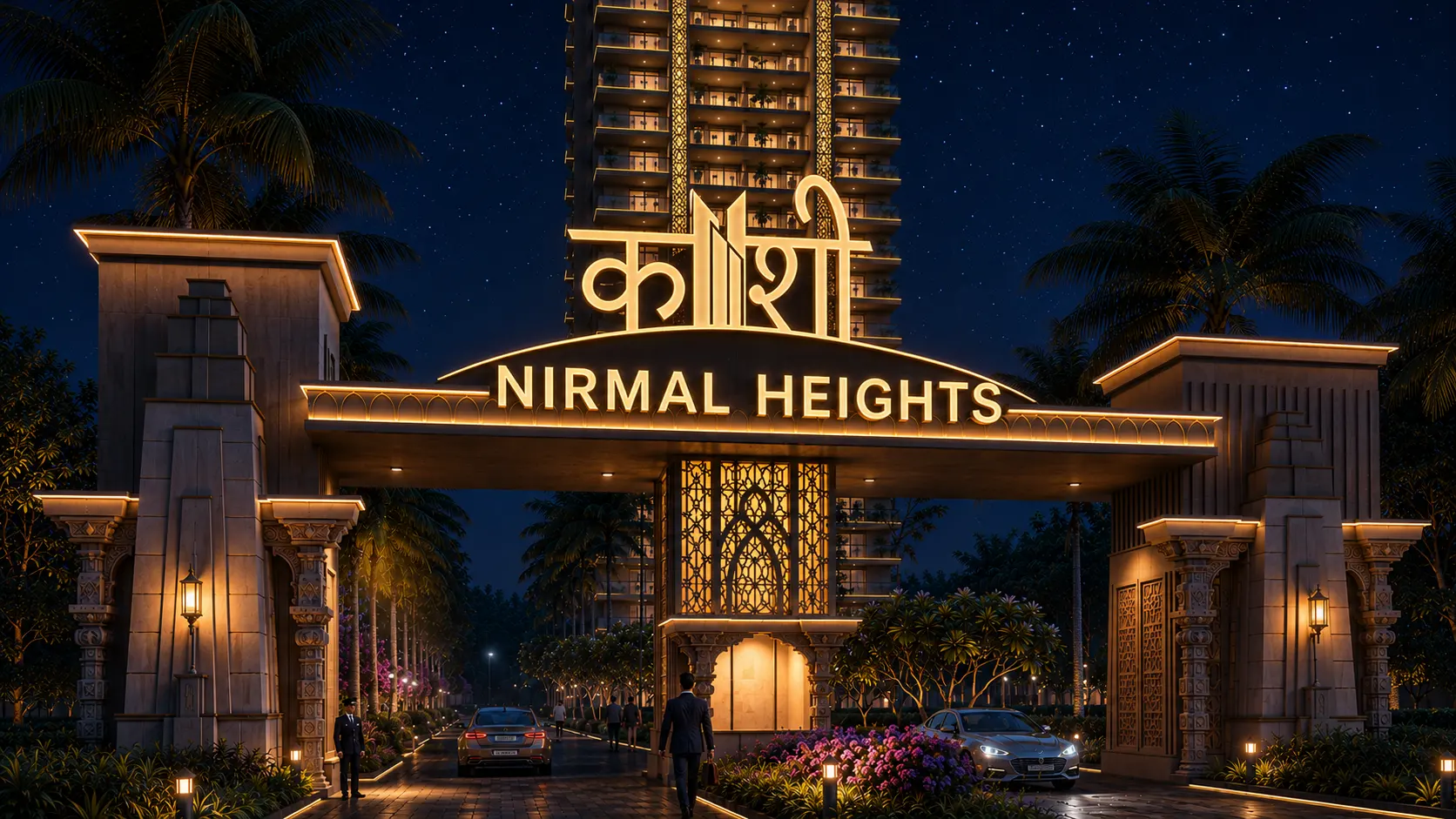 Kashi Nirmal Heights entrance gate illuminated at night